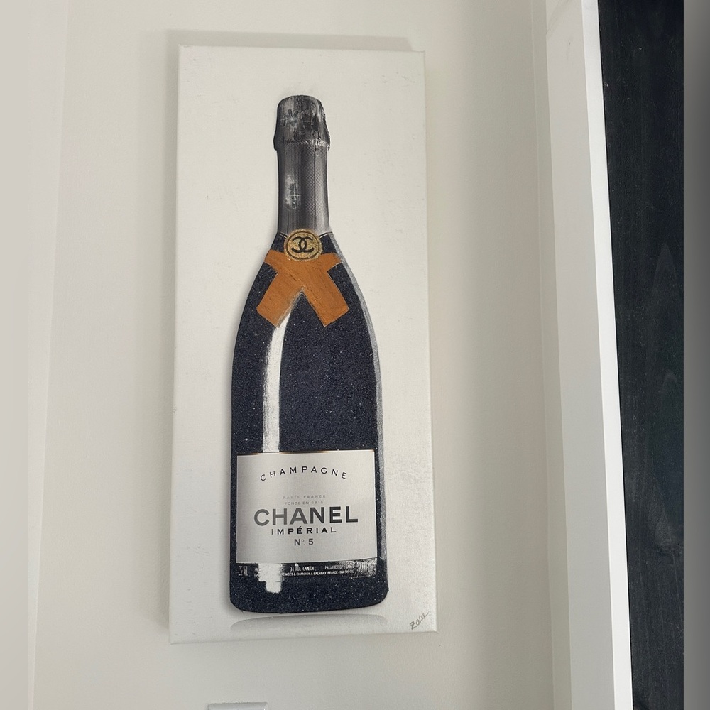 12” x 28” Chanel inspired wine bottle embellished canvas print art. Wall Art